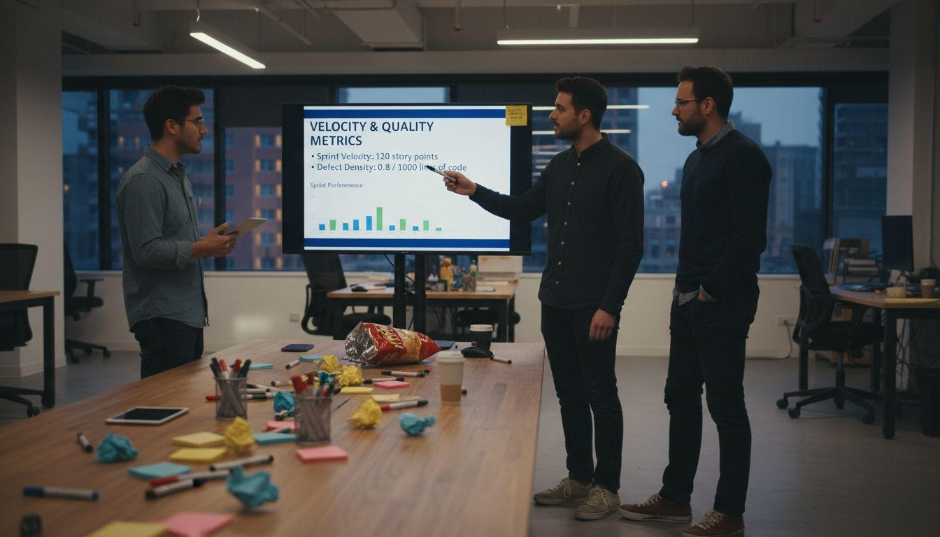 Team discussing performance metrics monitor