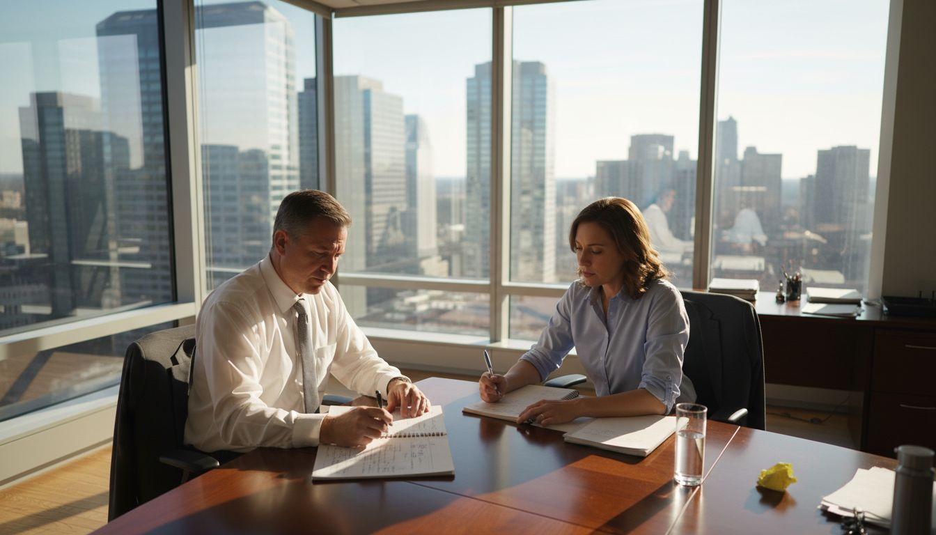 Executive coach guiding leader in bright office