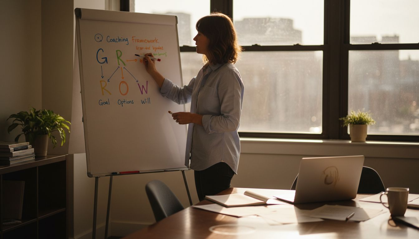 Leader illustrating GROW model on whiteboard