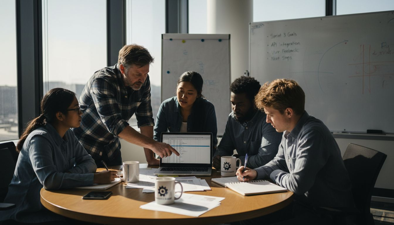 Tech team lead coaching at cluttered office table