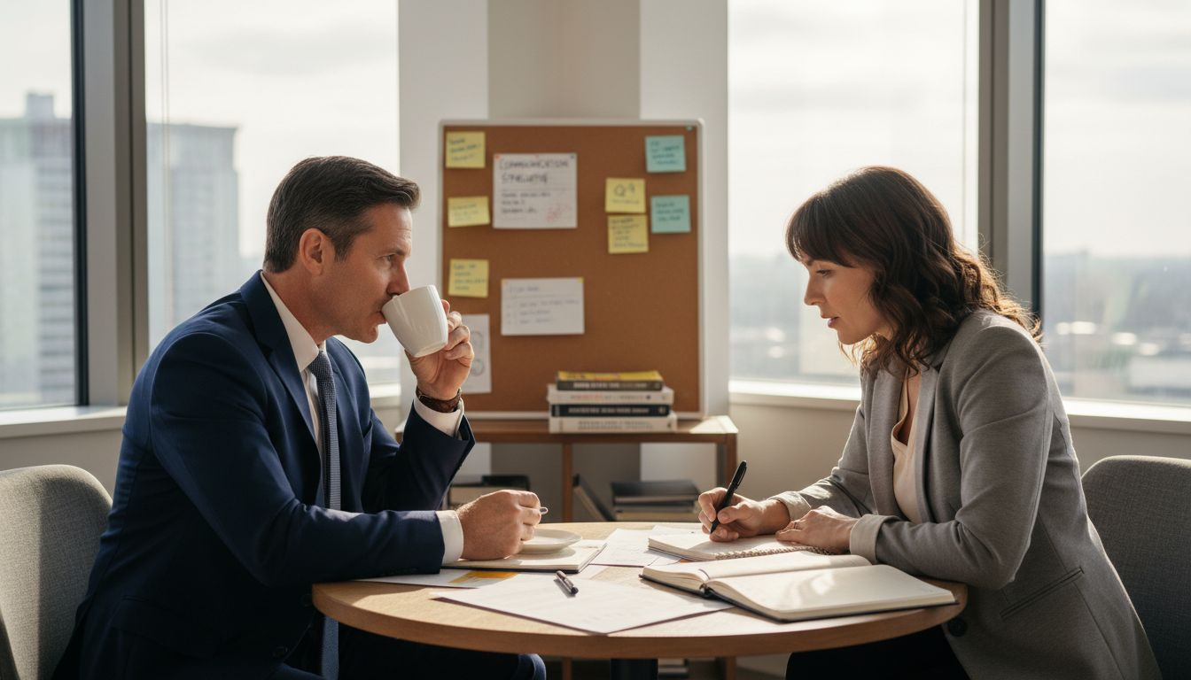 Executive with coach in corner office session
