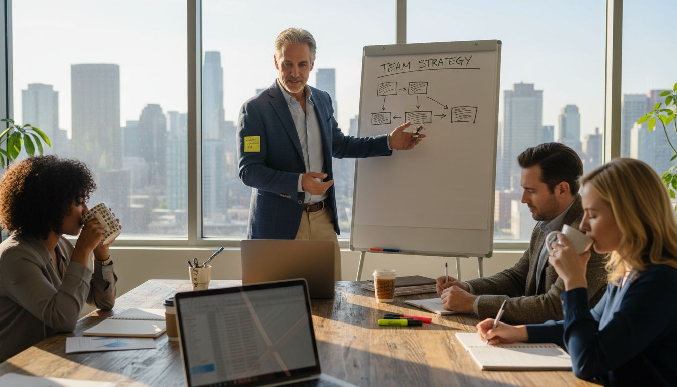 Coach leading team meeting in corner office