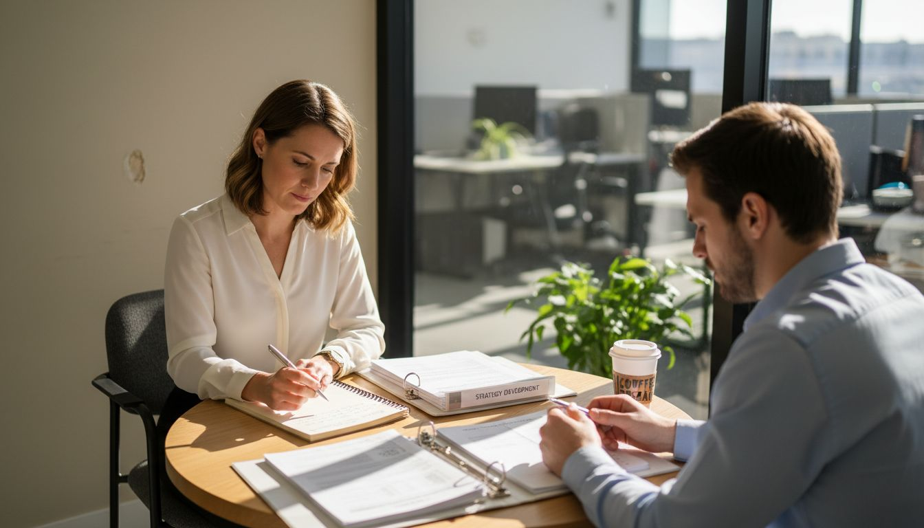 Coach and client discussing at small table