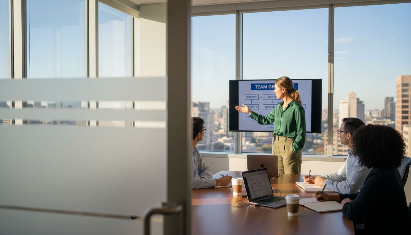 Manager leading business coaching session in office