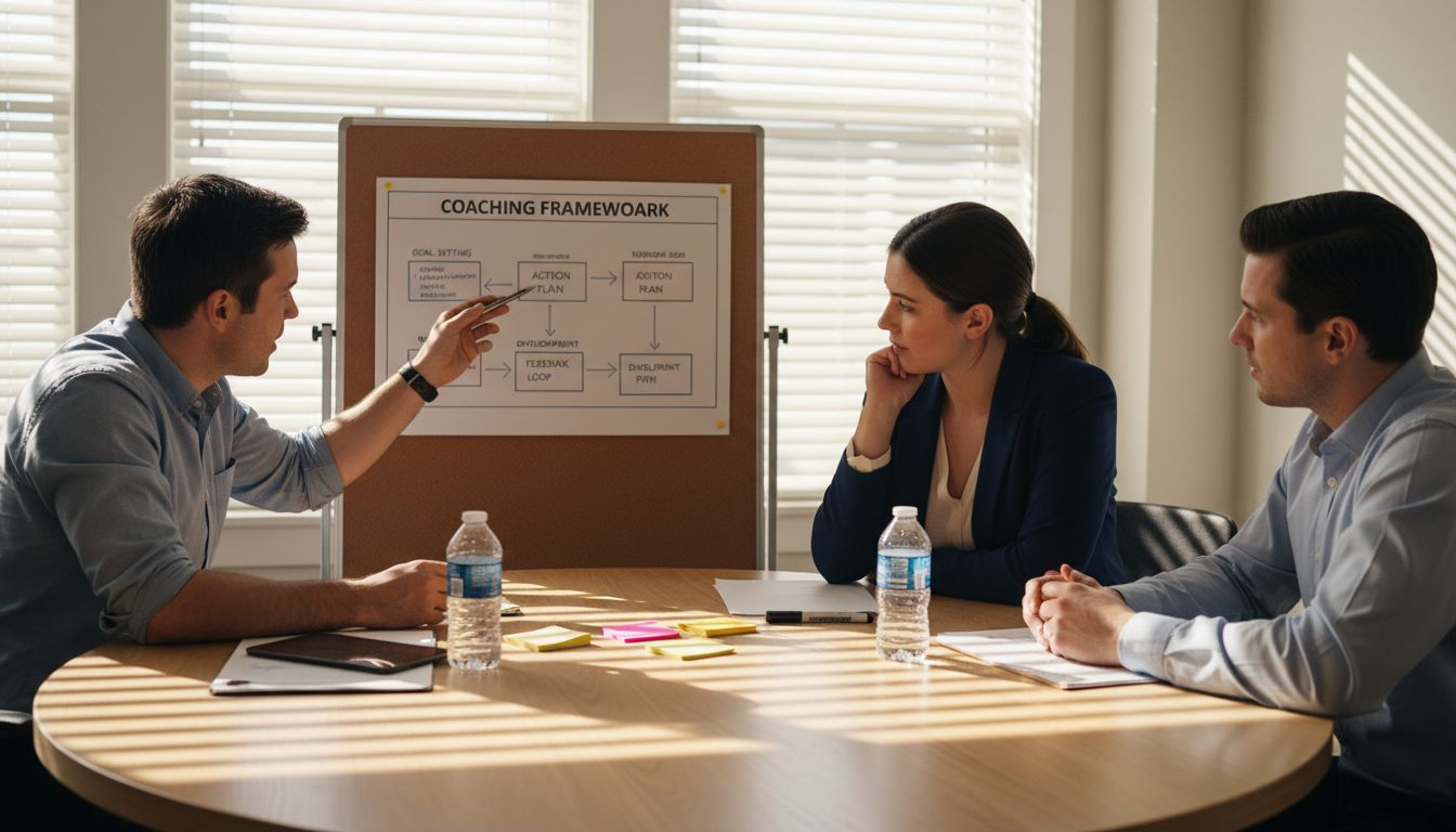 Coworkers discussing business framework diagram