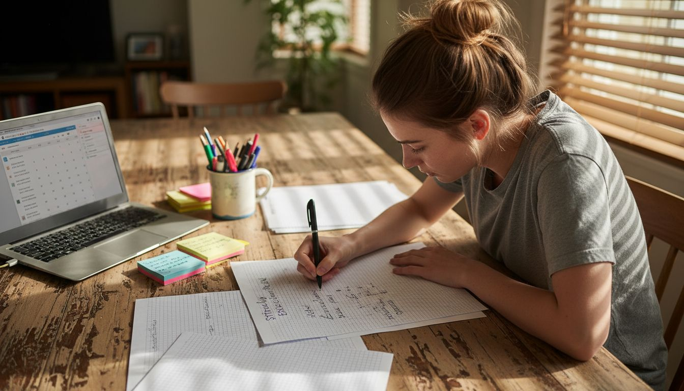 Person creating detailed action plan at home