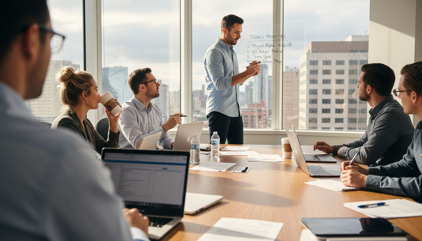 Team leader prioritizing tasks with colleagues in corner office