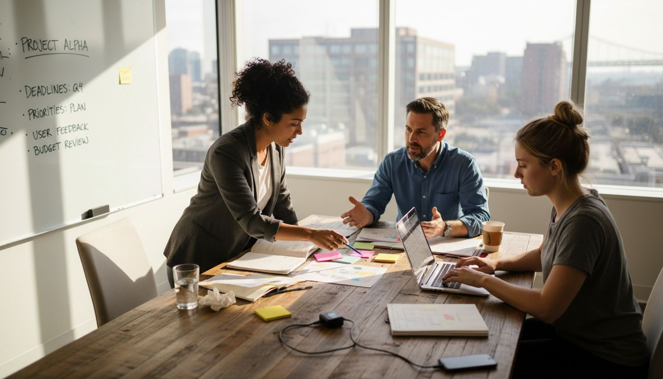 Diverse team meeting in bright corner office