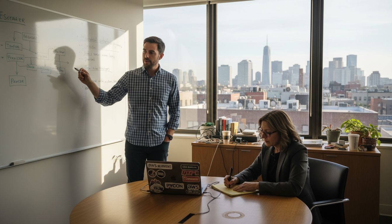 Tech leader and coach meet in office