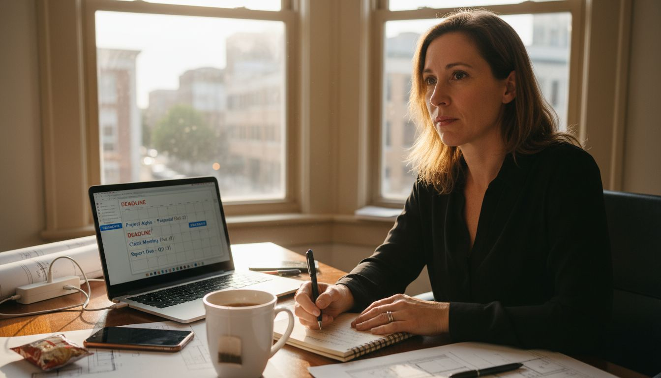 Person writing goals at busy office desk