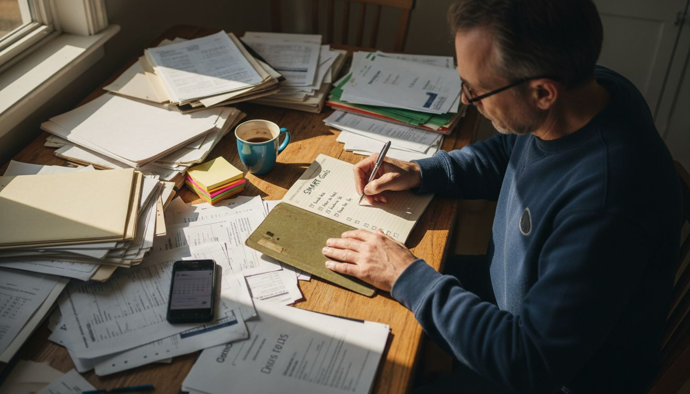 Man outlining SMART goals notebook