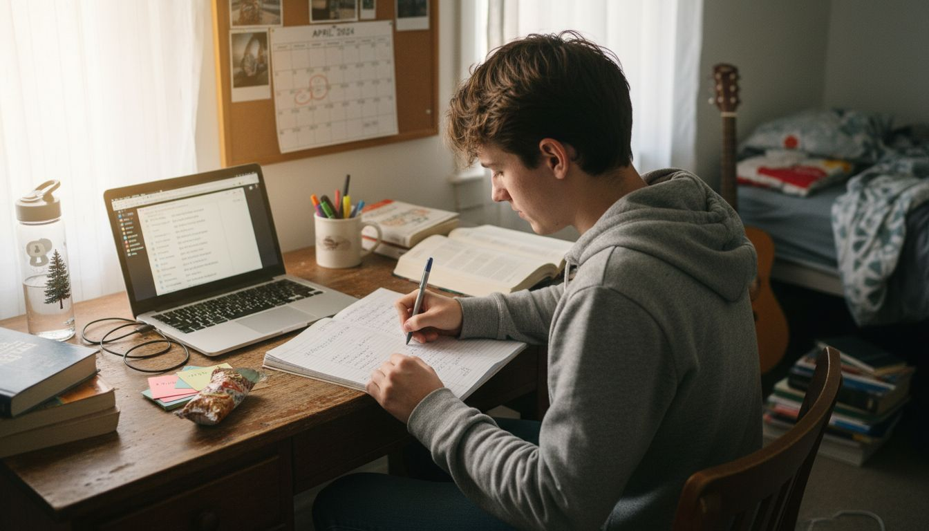 Student planning study schedule at messy desk