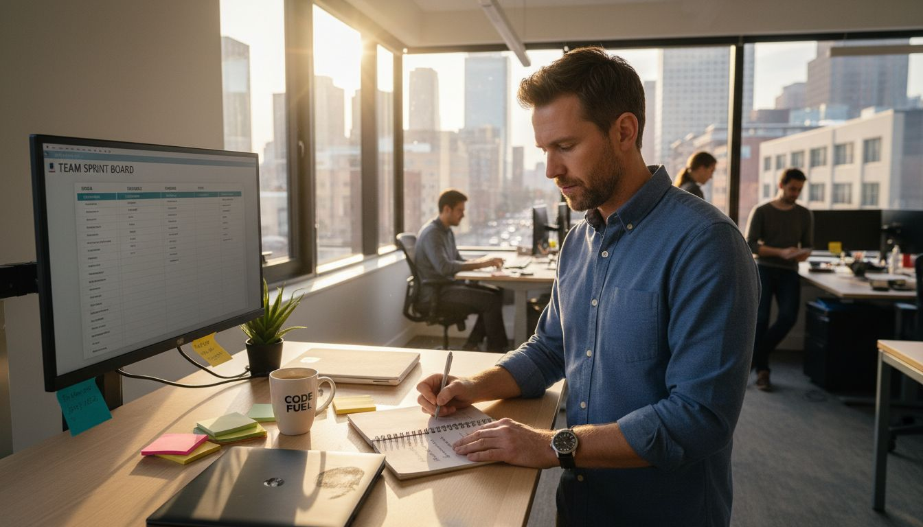 IT manager planning day at cluttered desk