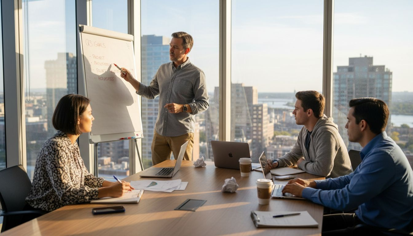Coach leading team session in office