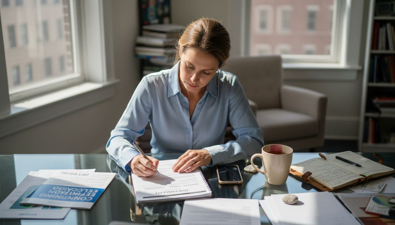 Woman working on life coach certification paperwork