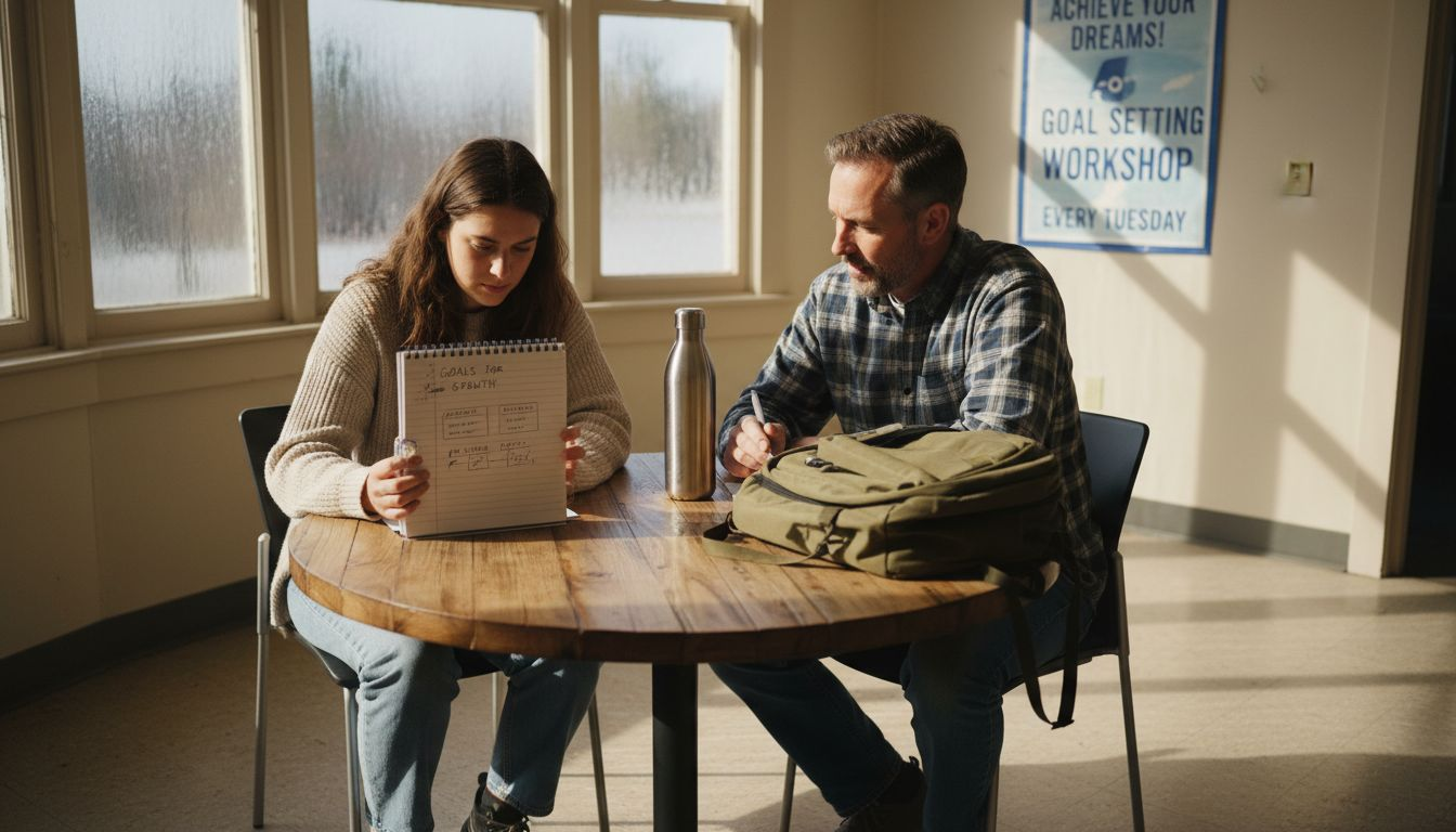 Young woman and coach in meeting room discussing goals