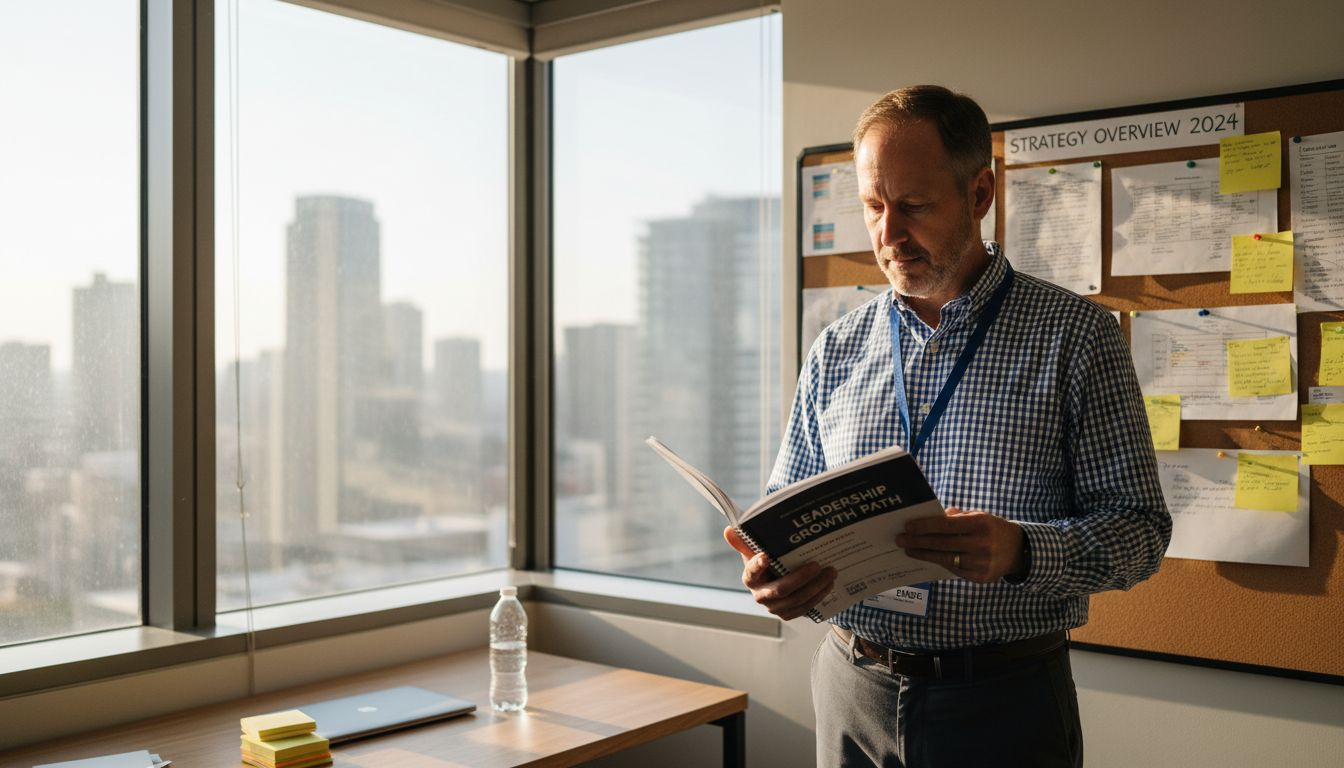 Telecom IT leader reviewing coaching workbook