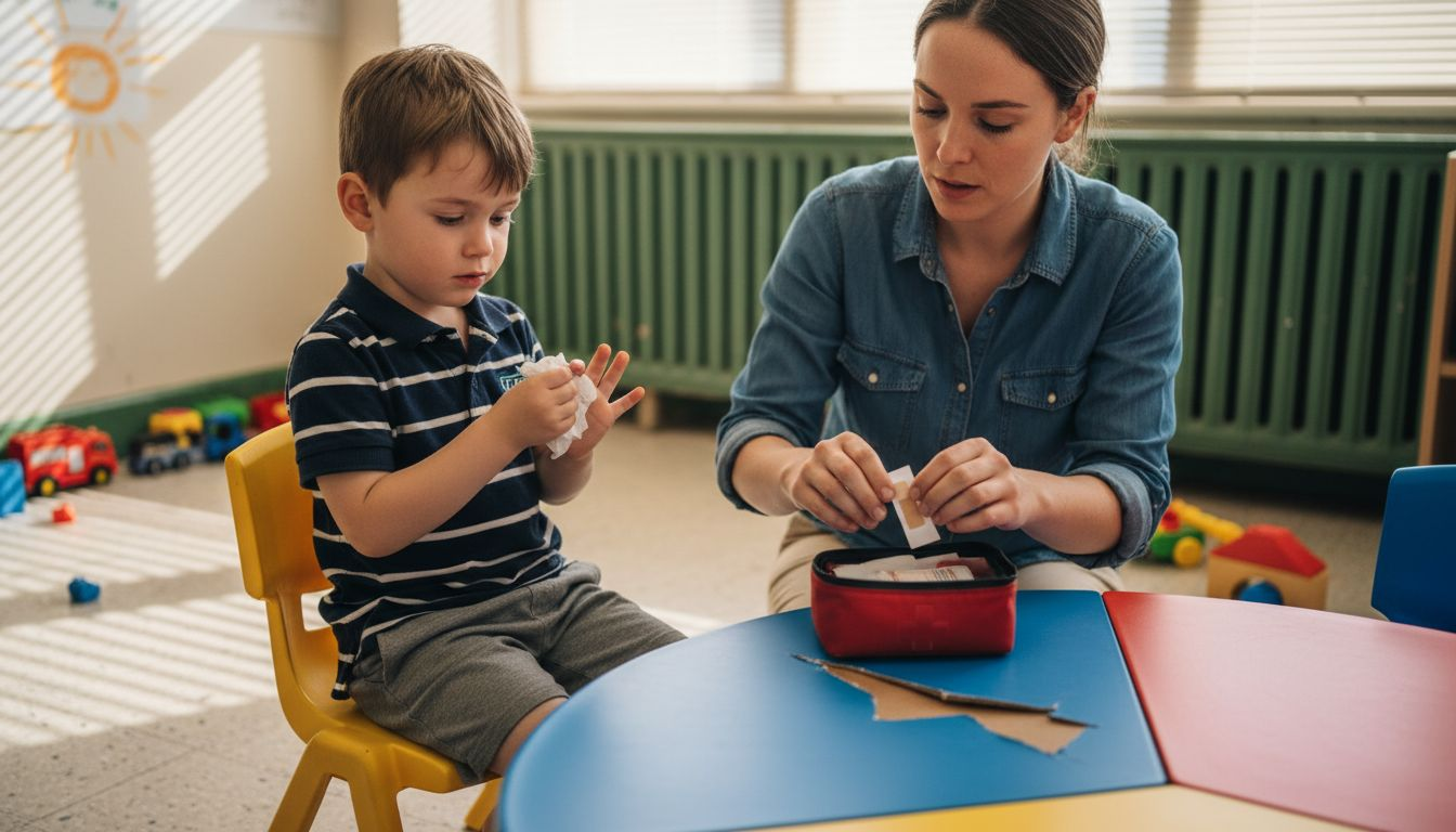 Staff treating child’s scraped hand at nursery