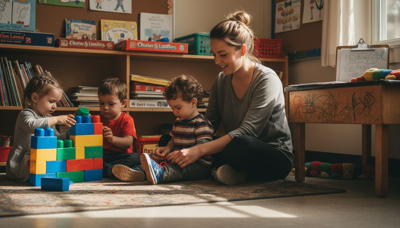 Teacher helping children on colorful nursery rug