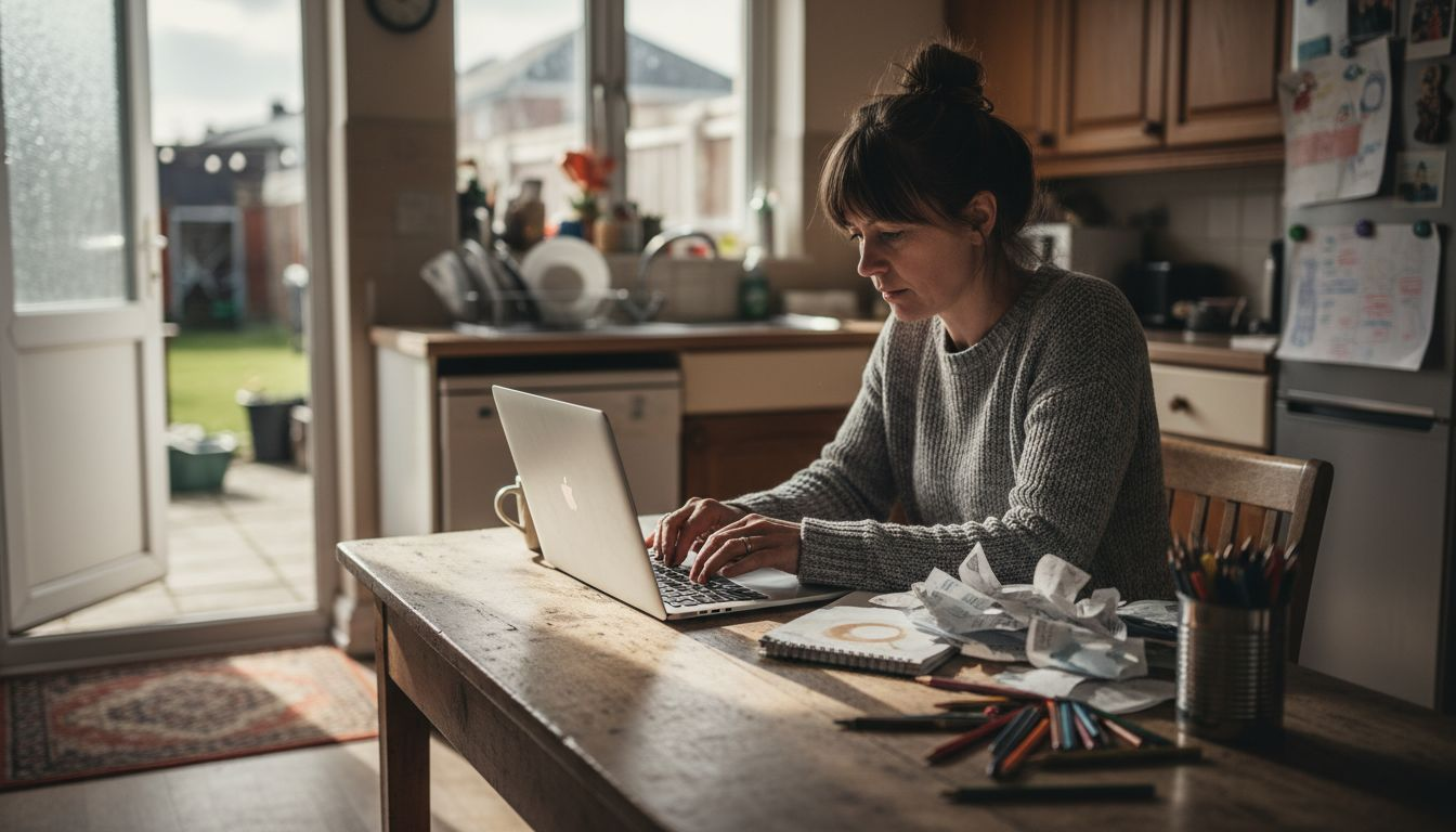Self-employed parent applying for funding at kitchen