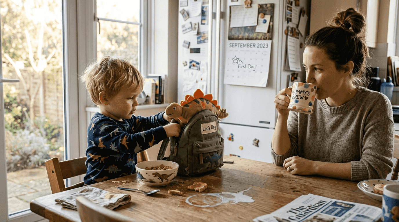 Toddler packs bag for nursery morning routine