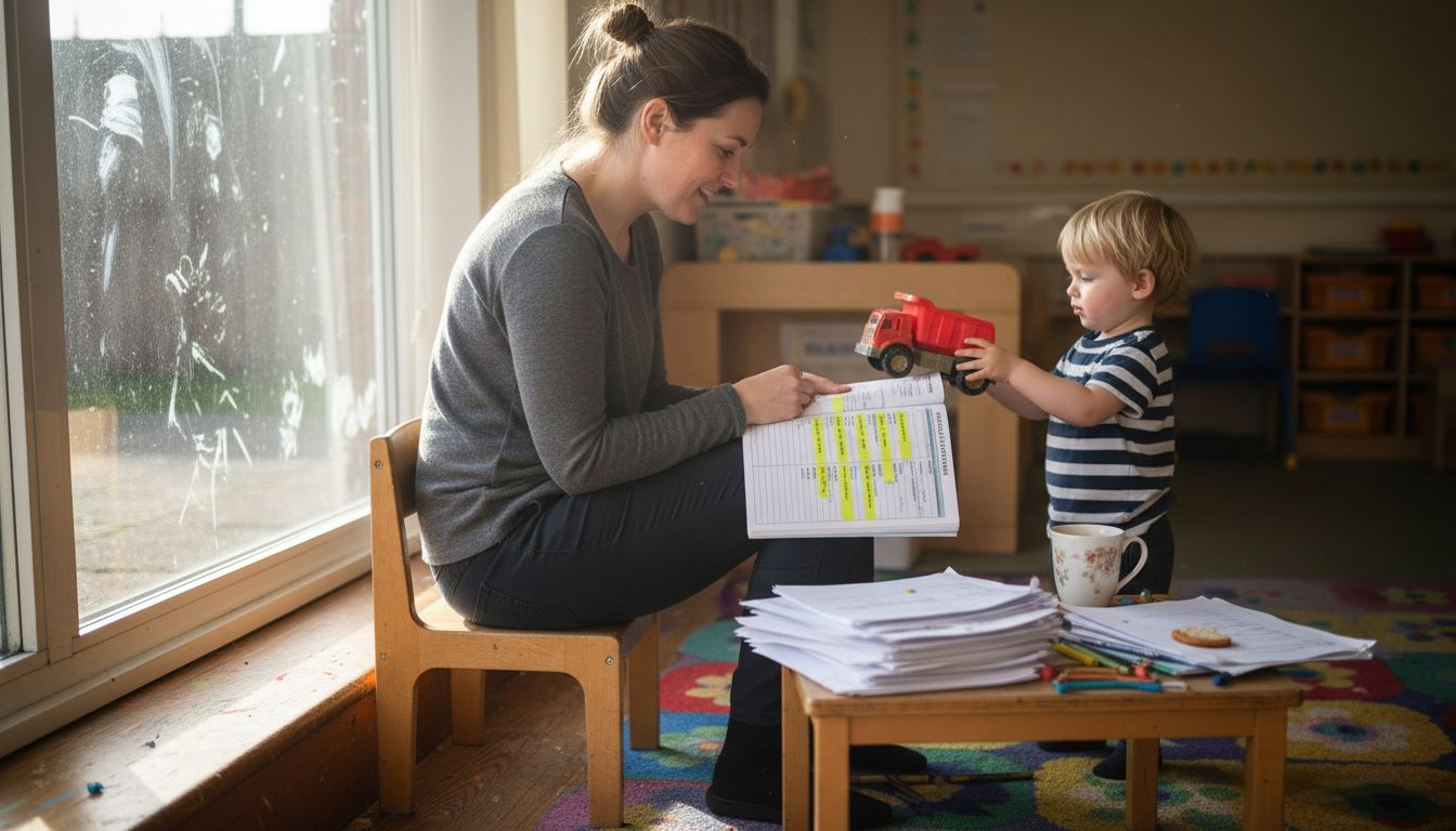 Nursery worker reviewing SEND policy paperwork