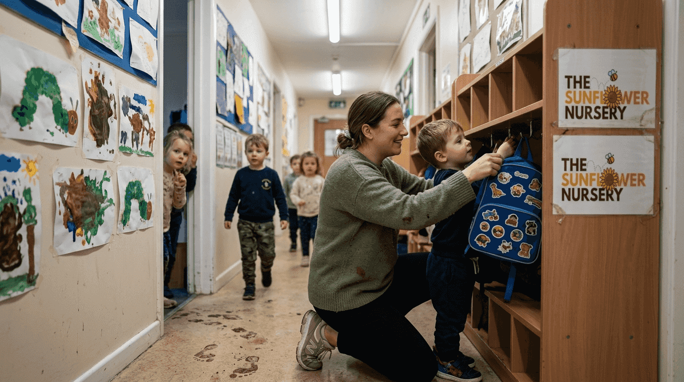 Nursery staff assisting child unpacking belongings