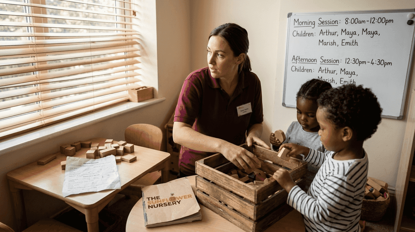 Nursery staff and children in session classroom