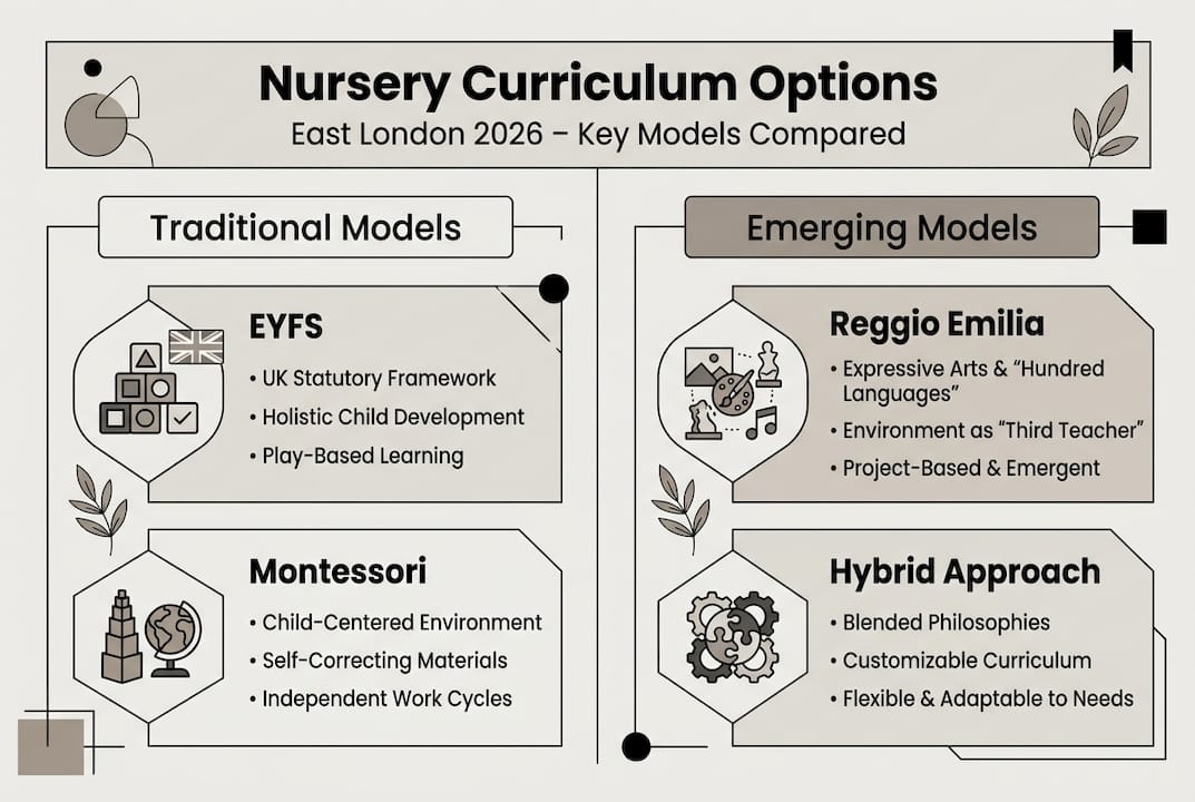 Infographic comparing nursery curricula models