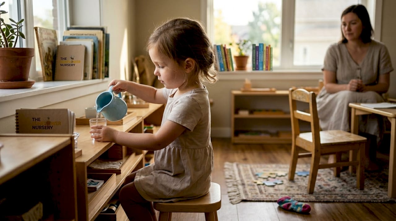Child performing Montessori activity in nursery room