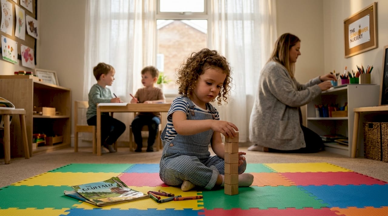 Child independently stacking blocks in play area