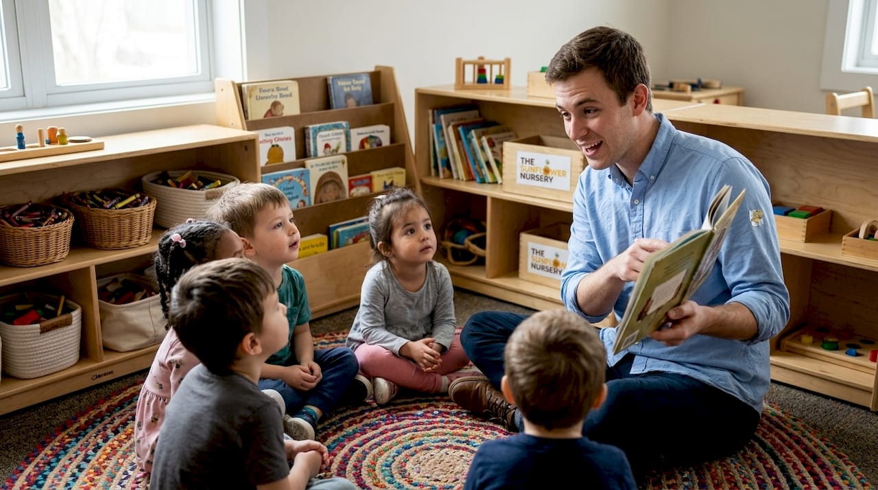 Teacher reading to children in classroom circle