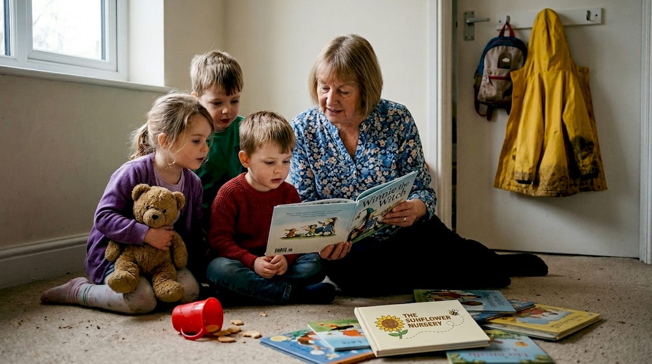 Children in small group storytime at home