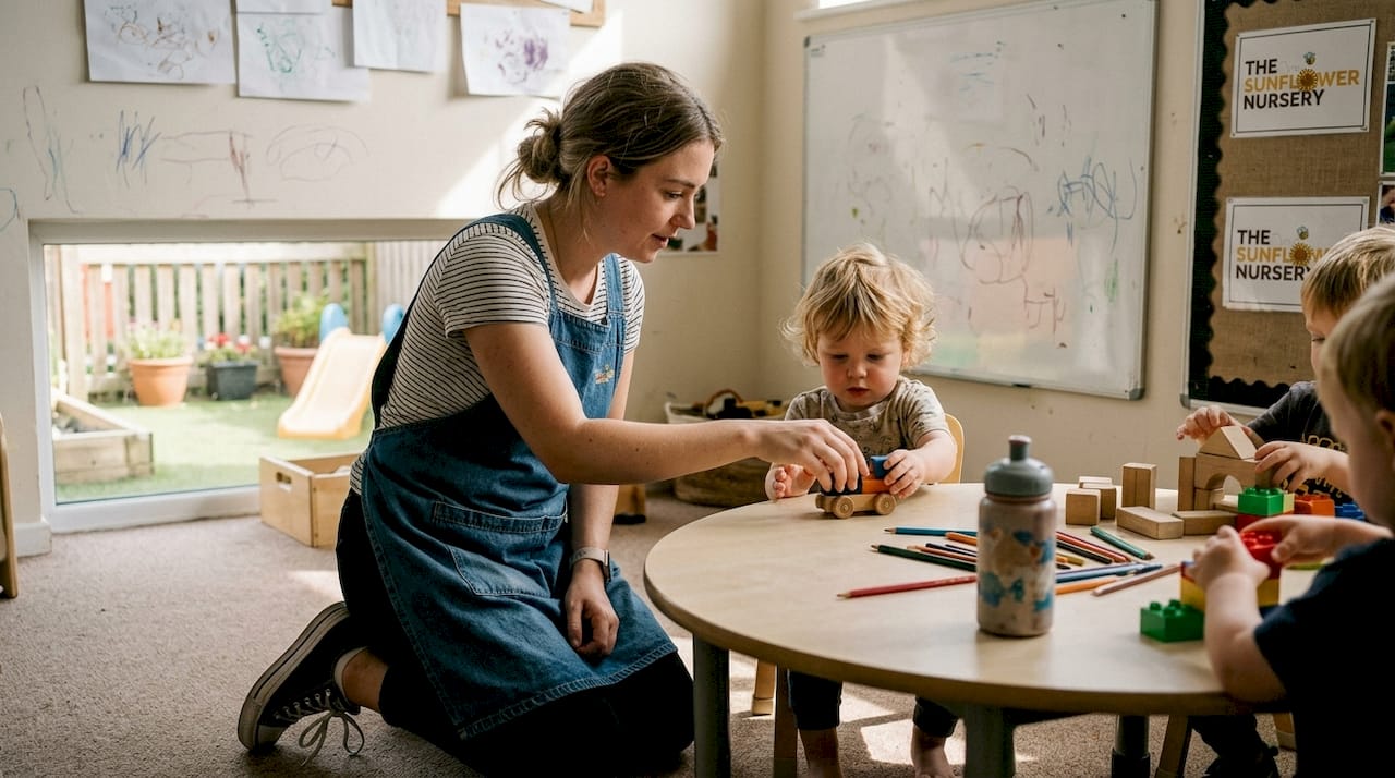 Nursery teacher talking to toddler at play table