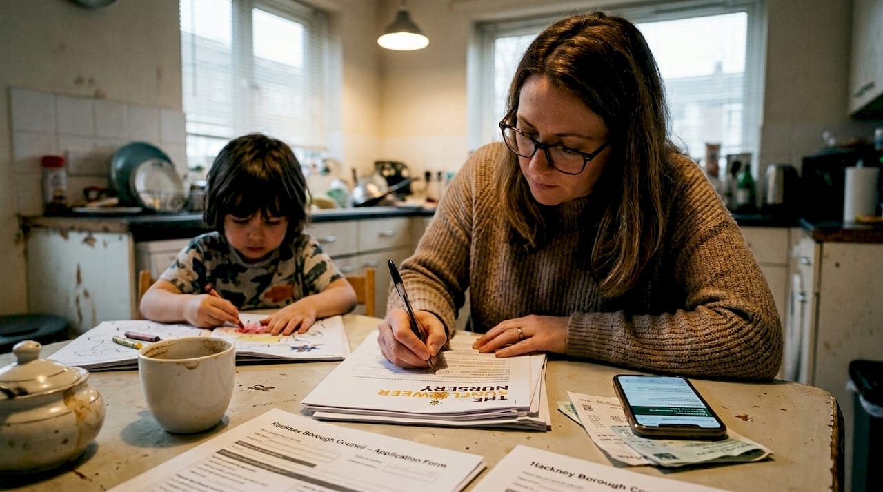 Parent completing nursery application forms at kitchen table