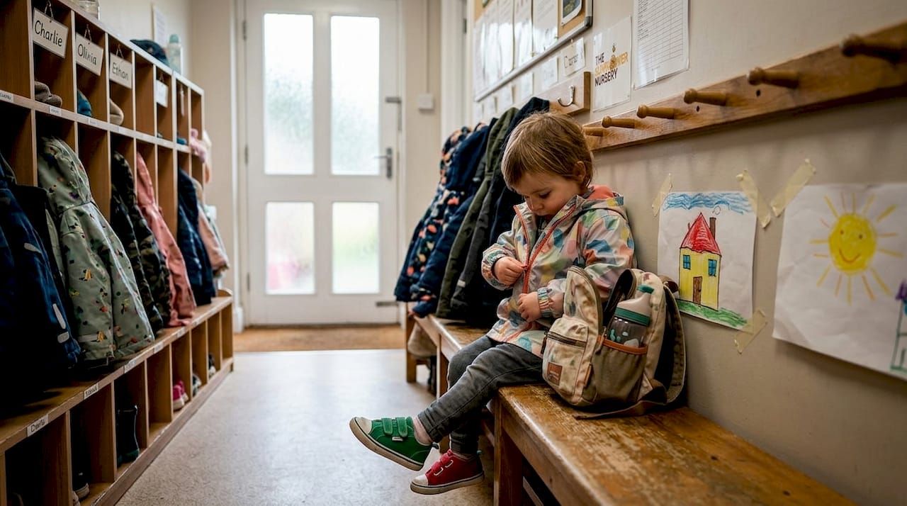 Child practising independence by zipping coat