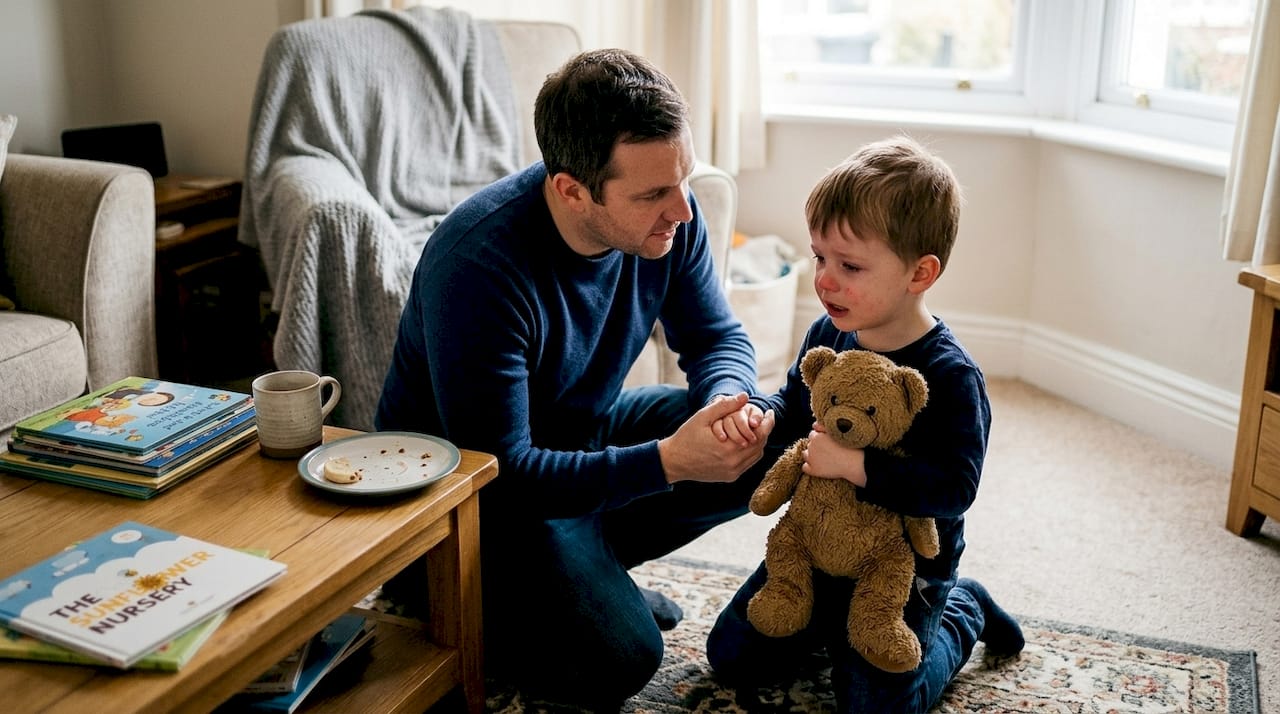Father helping child calm emotions at home