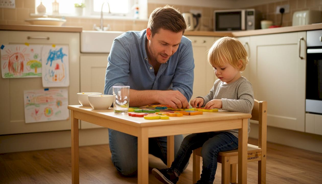 Father helps preschooler solve wooden puzzle
