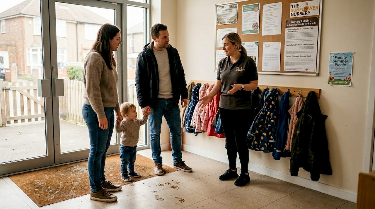 Parents discussing funding at nursery entrance