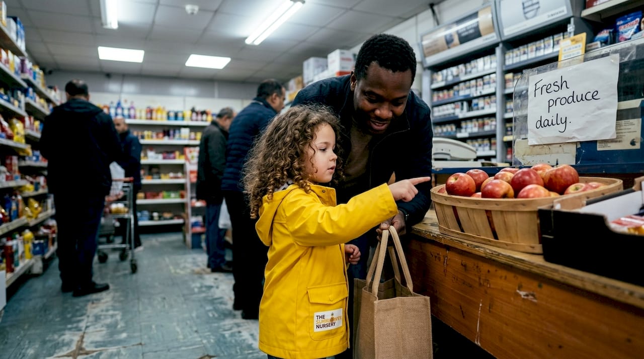 Child learning to count at Ilford shop counter