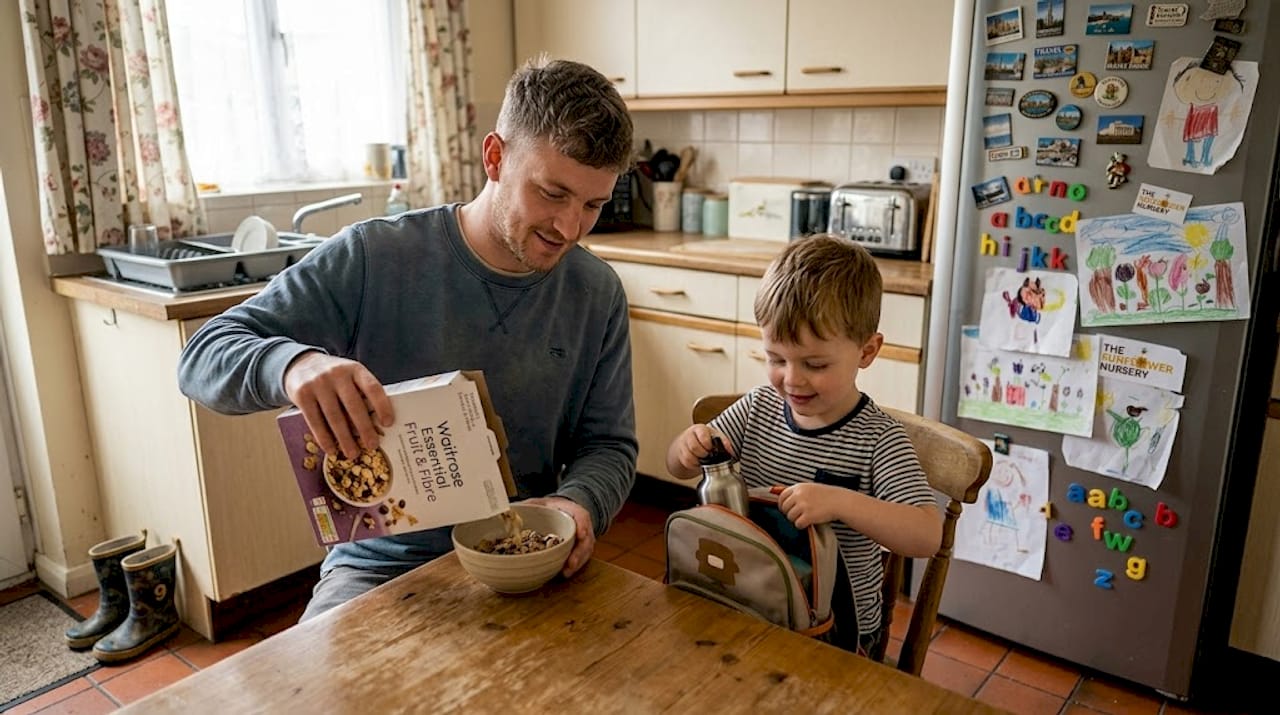 Parent preparing child for nursery at home