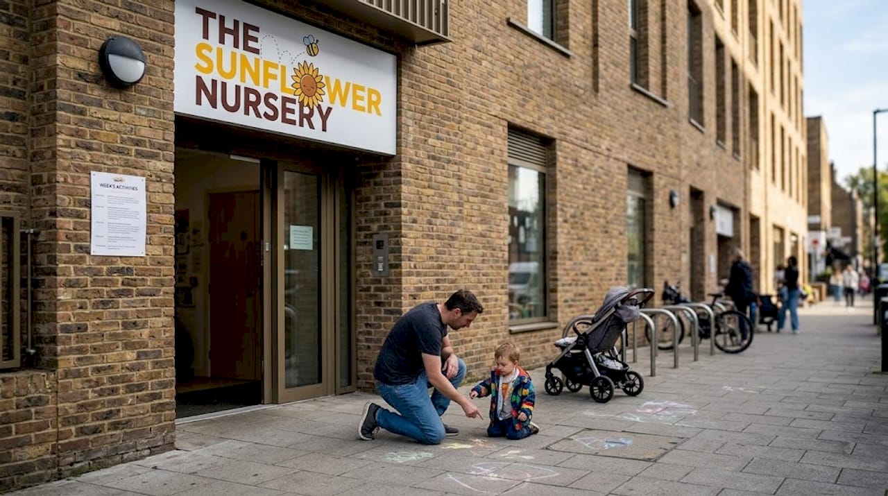 Nursery entrance with parent and child arriving
