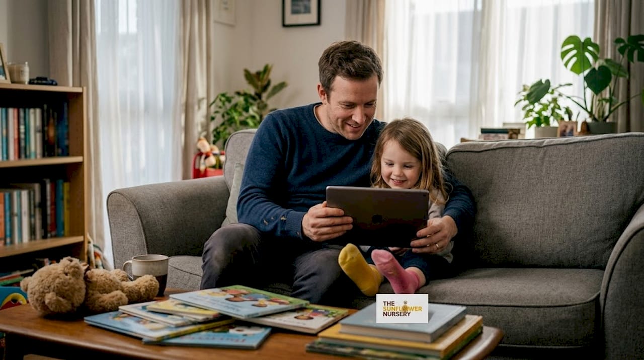 Parent and child using tablet interactively