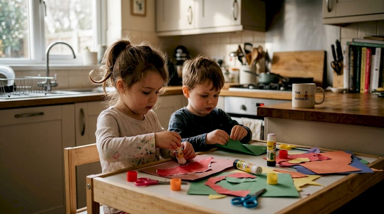 Children making crafts at messy kitchen table