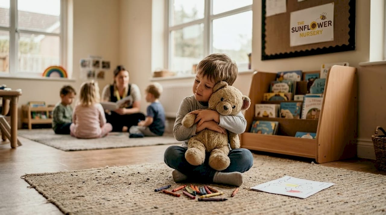 Child cuddling comfort toy at nursery