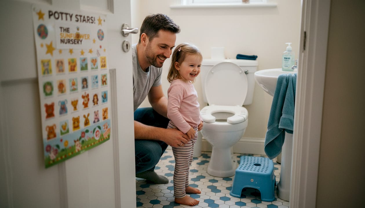 Parent supporting child in bathroom toilet routine