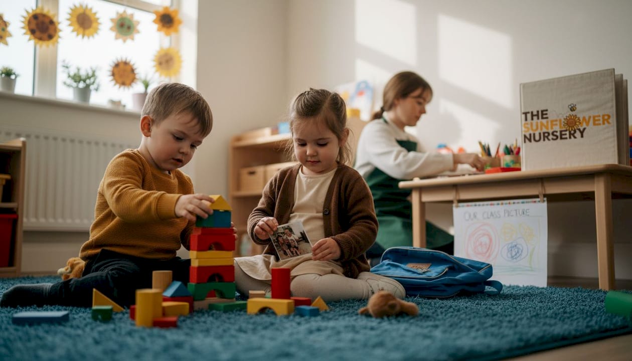 Children settling into nursery classroom scene
