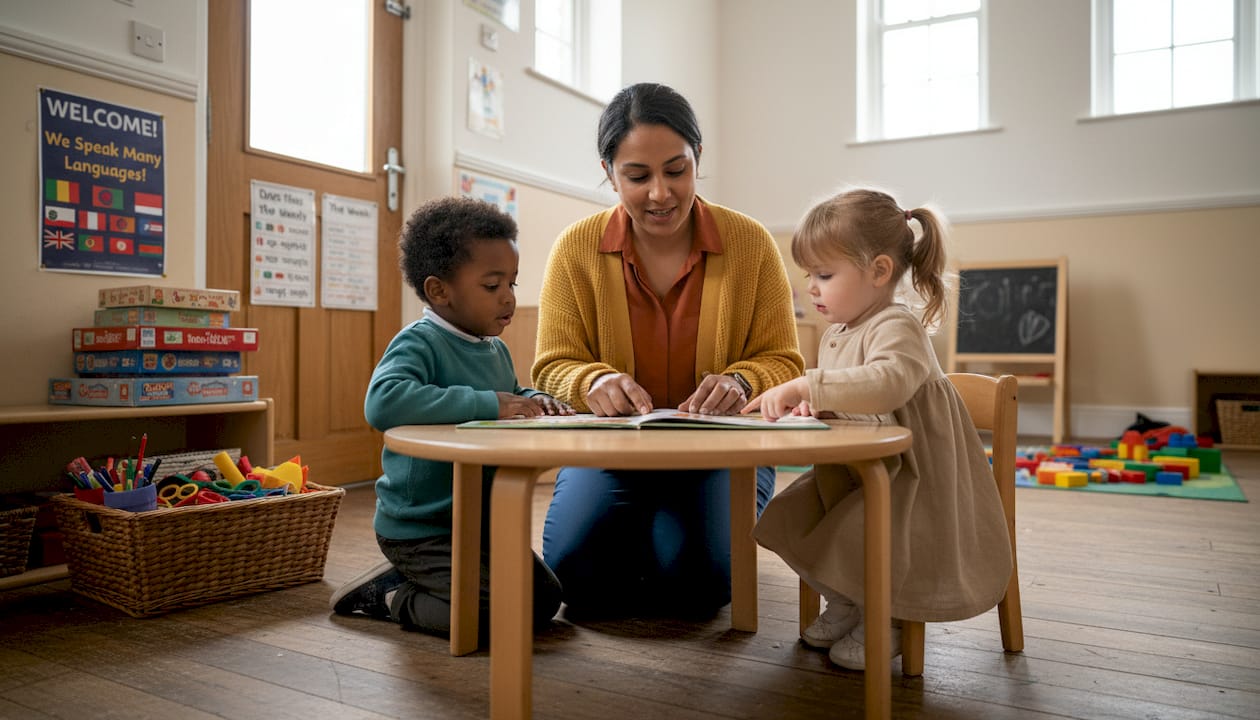 Nursery manager helping children with book