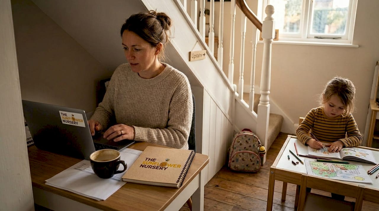 Self-employed mother working near young child