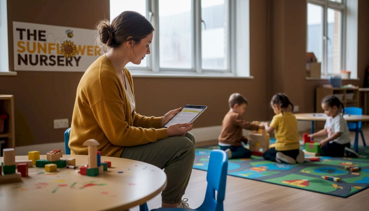 Nursery teacher writing child observation notes